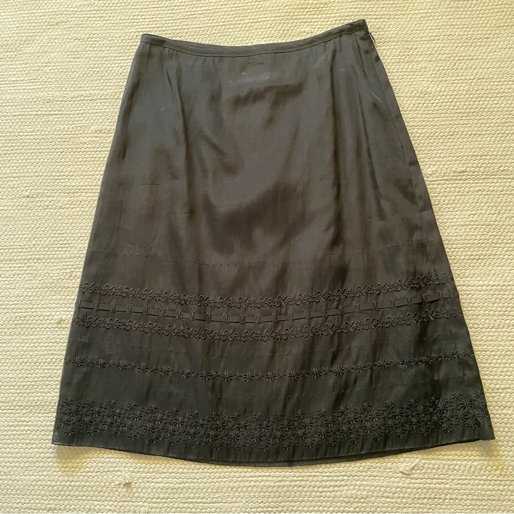 Ann Taylor Brown A-Line Silk Cotton Embroidered Midi Lined Skirt Size 0